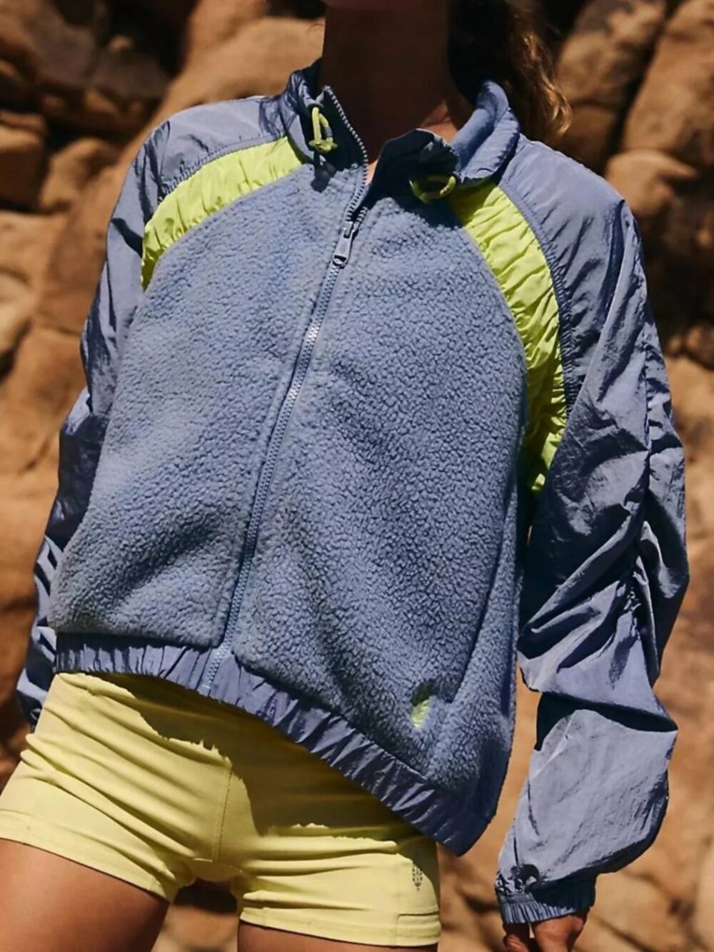 FP Movement Amelia Zip Up Jacket XS Fleece Blue Gray and Neon Yellow Accents NEW